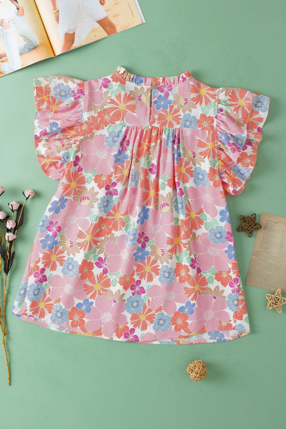 Pink Blossom Flutter Sleeve Pleated Blouse