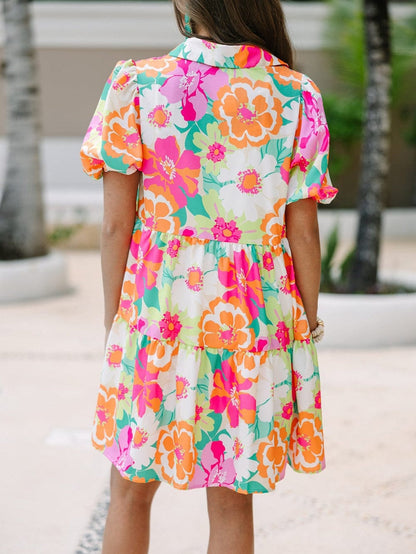 Pink Blossom Puff Sleeve Babydoll Dress with Collar Button Detail