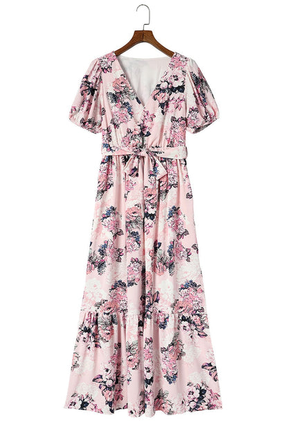 Pink Blossom Puff Sleeve Empire Maxi Gown