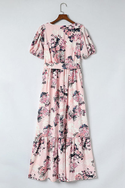 Pink Blossom Puff Sleeve Empire Maxi Gown