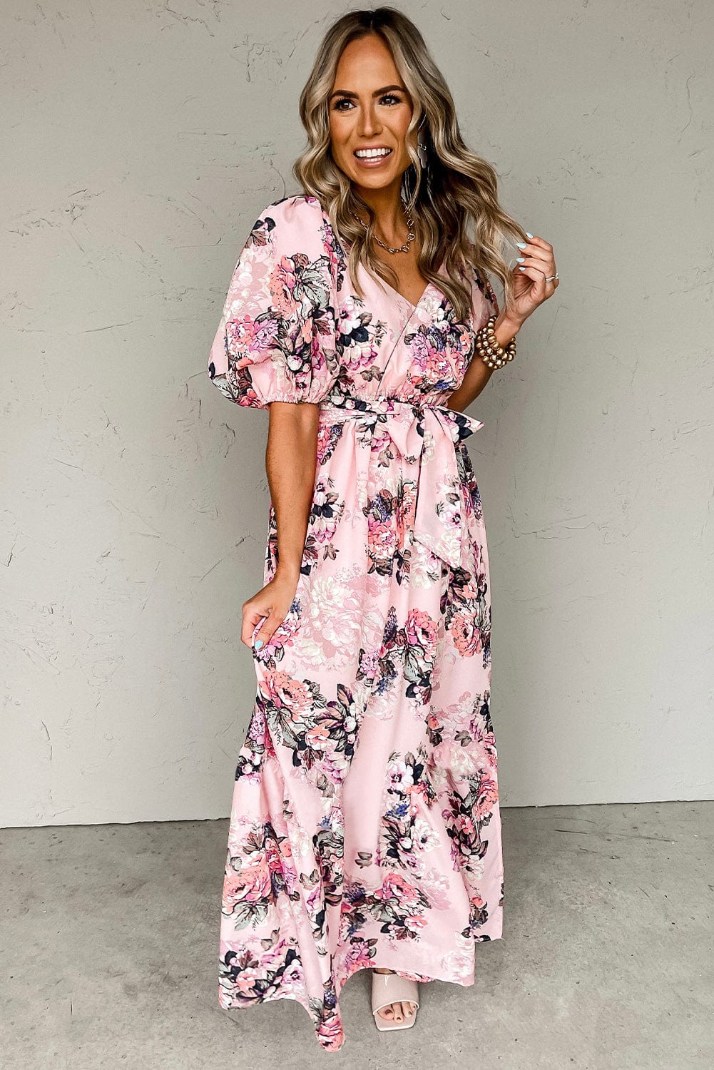 Pink Blossom Puff Sleeve Empire Maxi Gown