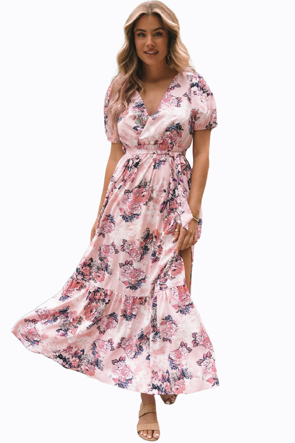 Pink Blossom Puff Sleeve Empire Maxi Gown