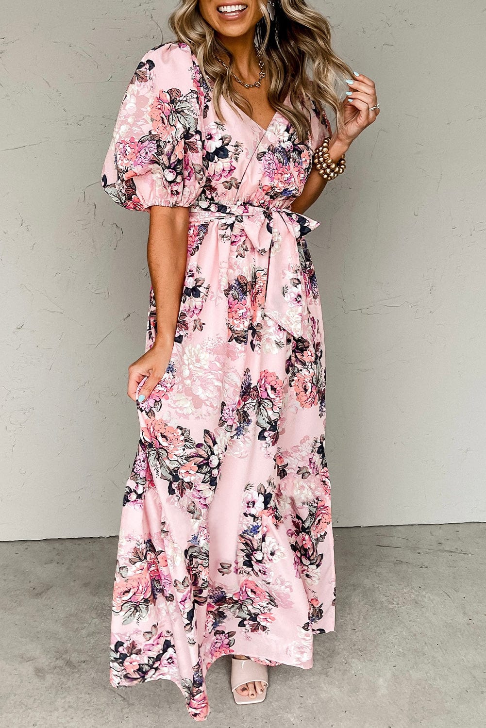 Pink Blossom Puff Sleeve Empire Maxi Gown
