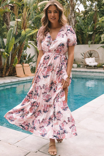 Pink Blossom Puff Sleeve Empire Maxi Gown