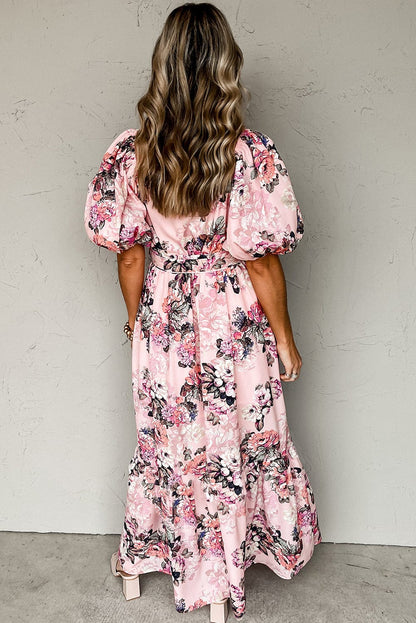 Pink Blossom Puff Sleeve Empire Maxi Gown