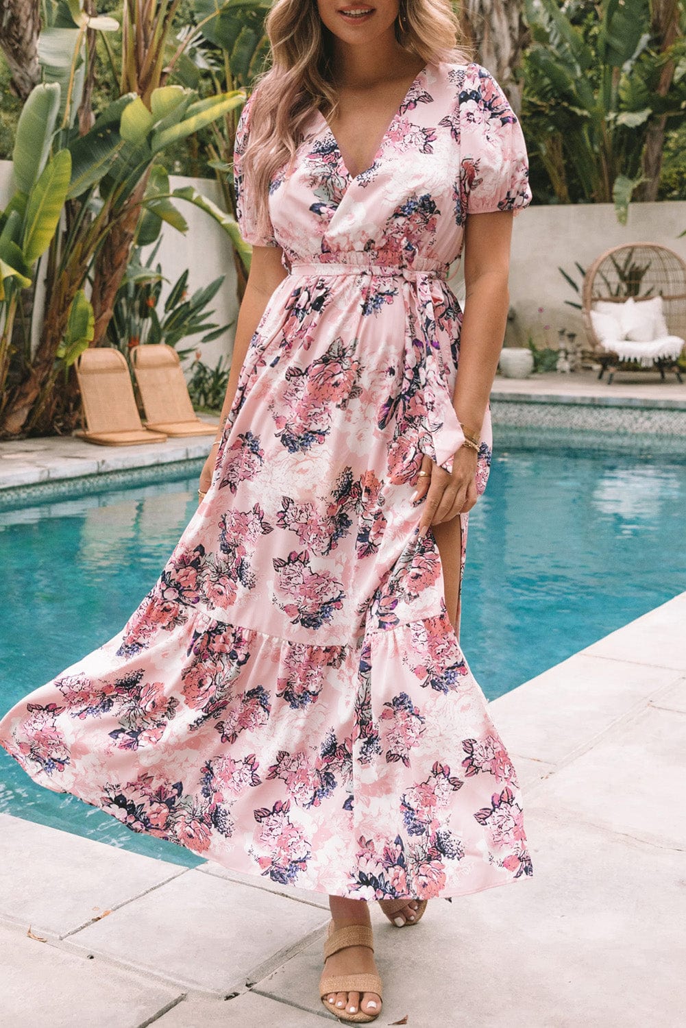 Pink Blossom Puff Sleeve Empire Maxi Gown