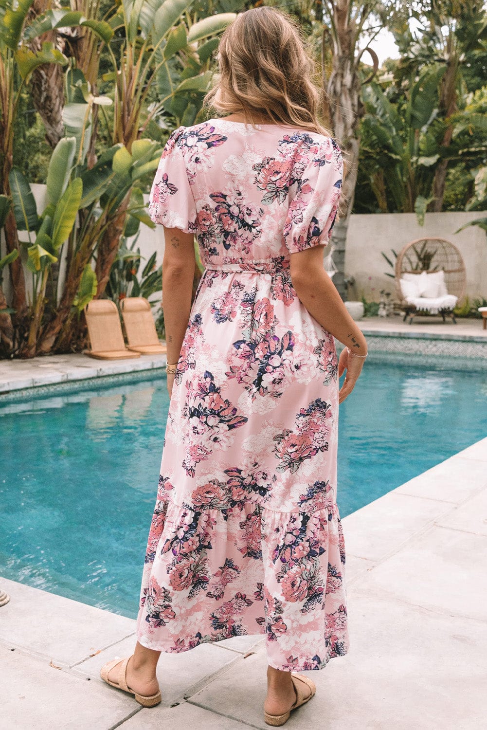 Pink Blossom Puff Sleeve Empire Maxi Gown