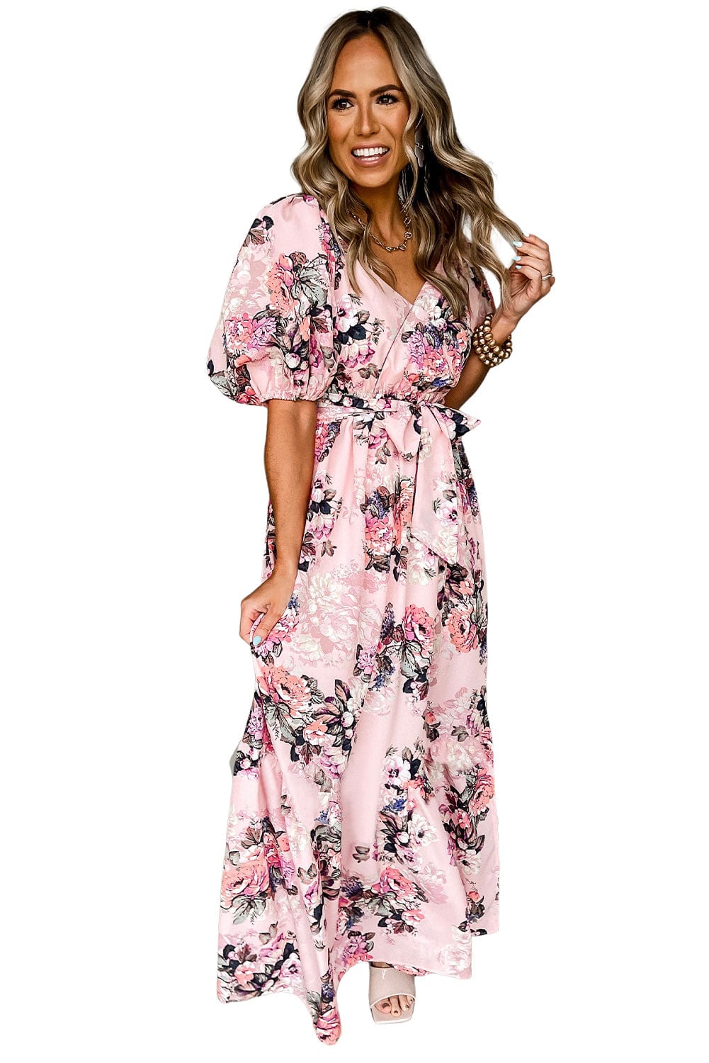 Pink Blossom Puff Sleeve Empire Maxi Gown