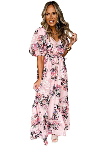 Pink Blossom Puff Sleeve Empire Maxi Gown