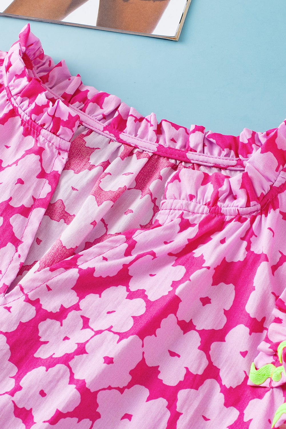 Pink Blossom Ruffle Sleeve Blouse with Ric Rac Detail