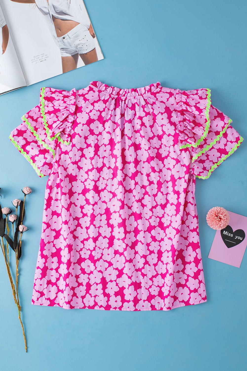 Pink Blossom Ruffle Sleeve Blouse with Ric Rac Detail