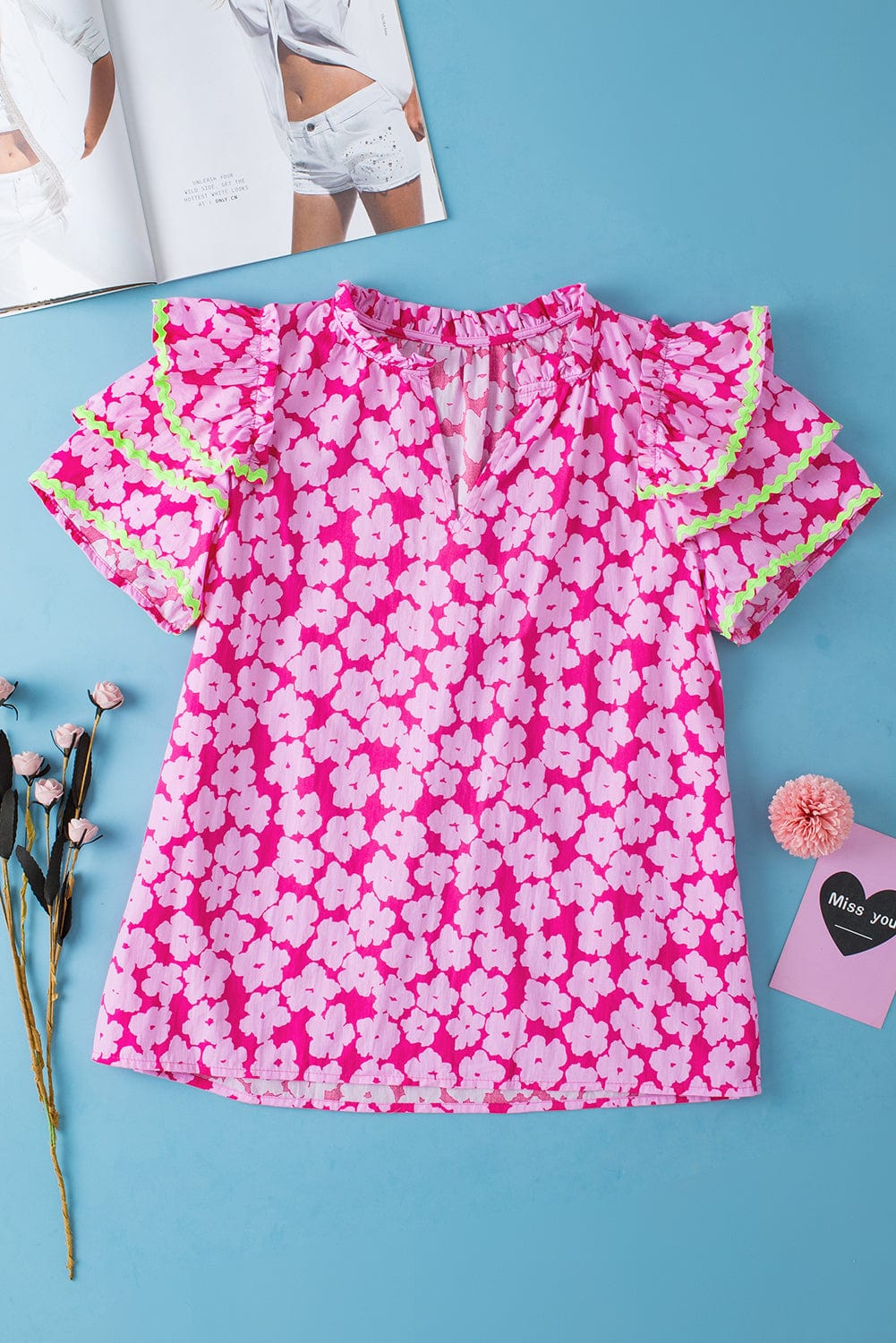 Pink Blossom Ruffle Sleeve Blouse with Ric Rac Detail