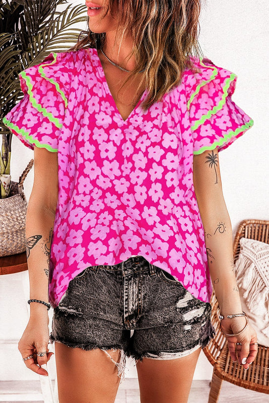 Pink Blossom Ruffle Sleeve Blouse with Ric Rac Detail