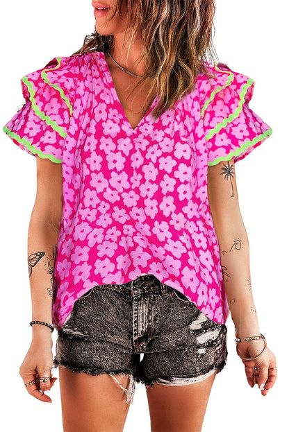 Pink Blossom Ruffle Sleeve Blouse with Ric Rac Detail