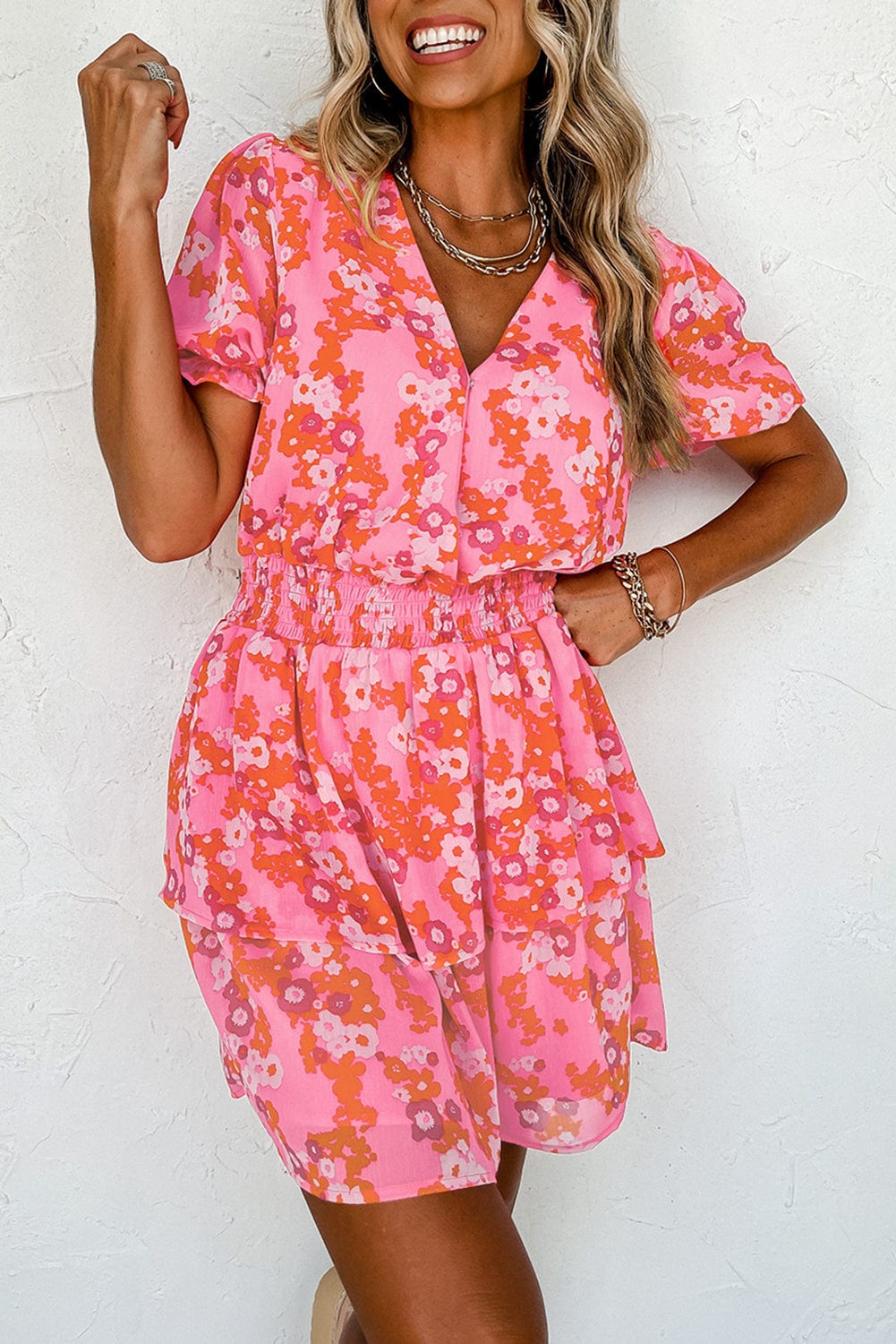 Pink Blossom Ruffle Tiered Mini Dress