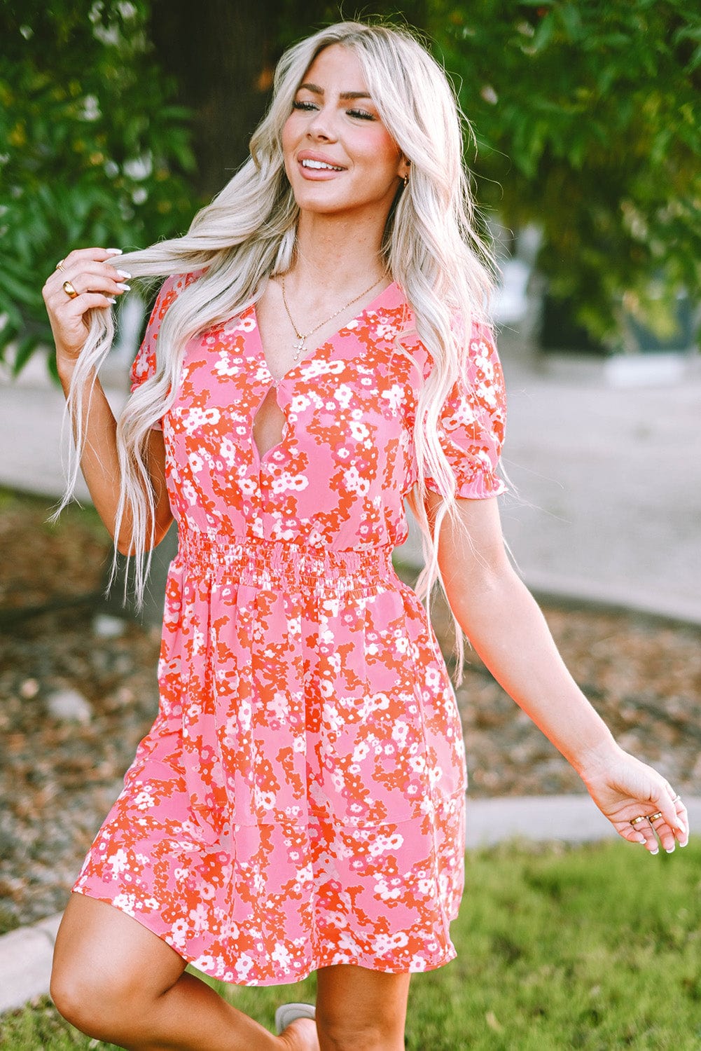 Pink Blossom Ruffle Tiered Mini Dress