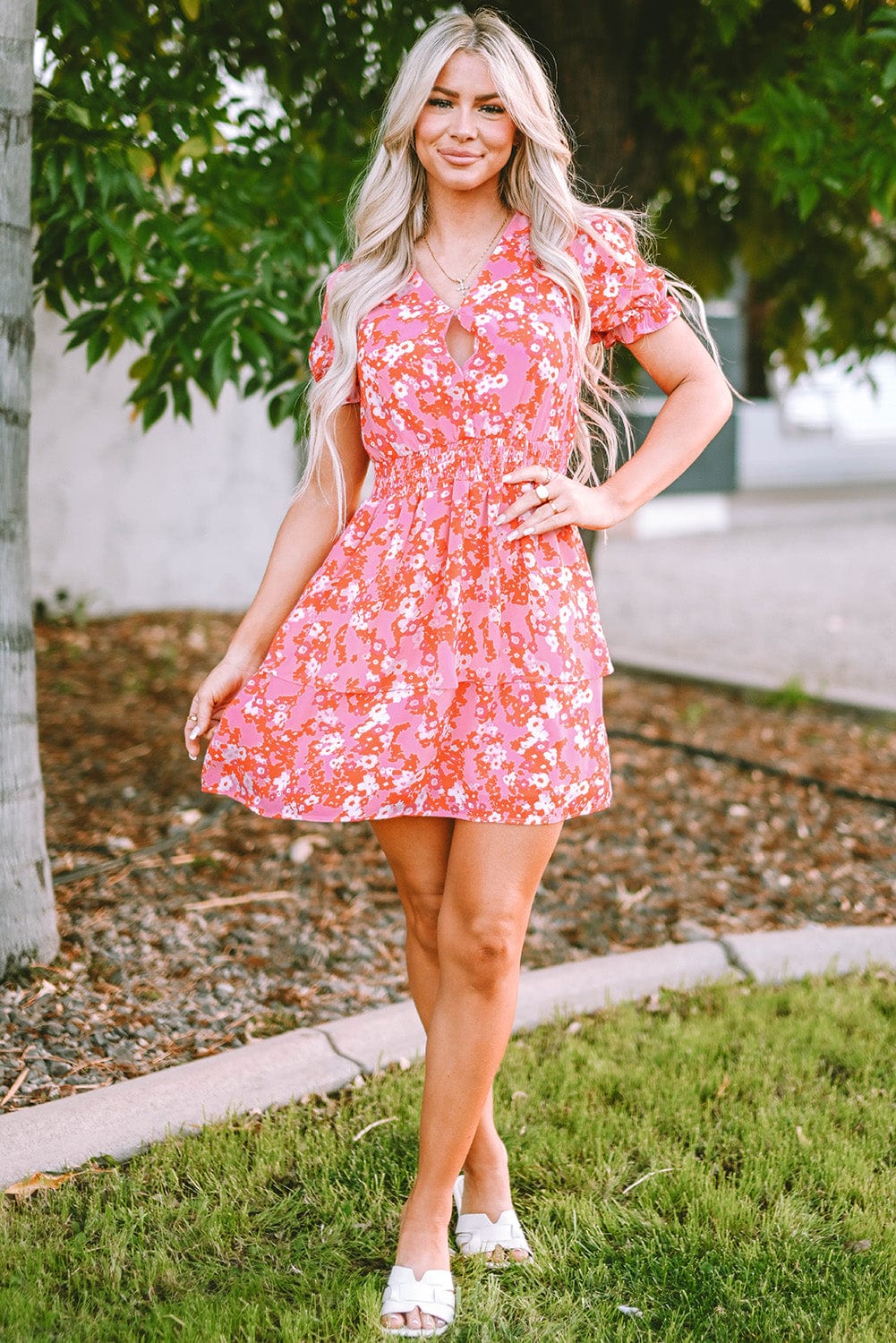 Pink Blossom Ruffle Tiered Mini Dress