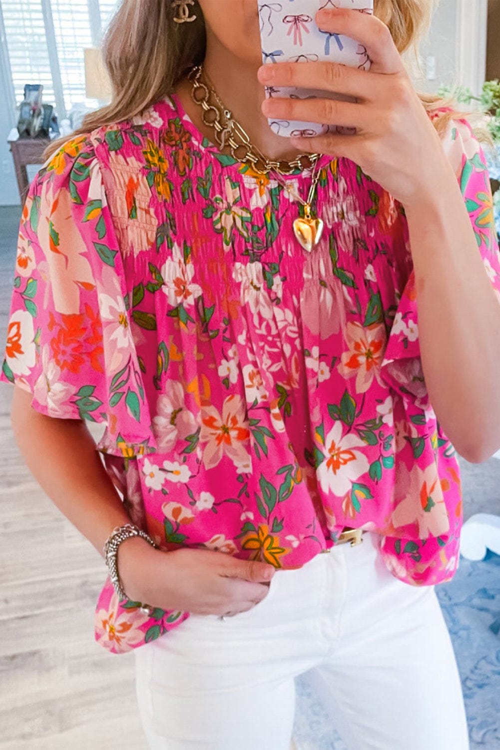 Pink Blossom Smocked Short Sleeve Blouse