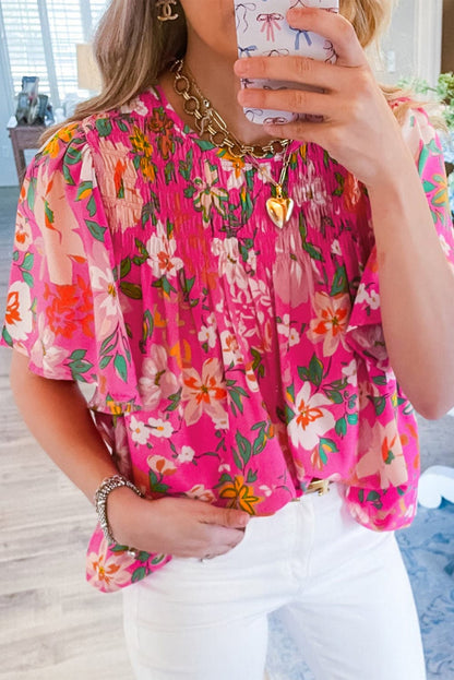 Pink Blossom Smocked Short Sleeve Blouse