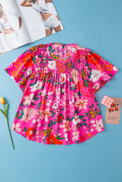 Pink Blossom Smocked Short Sleeve Blouse