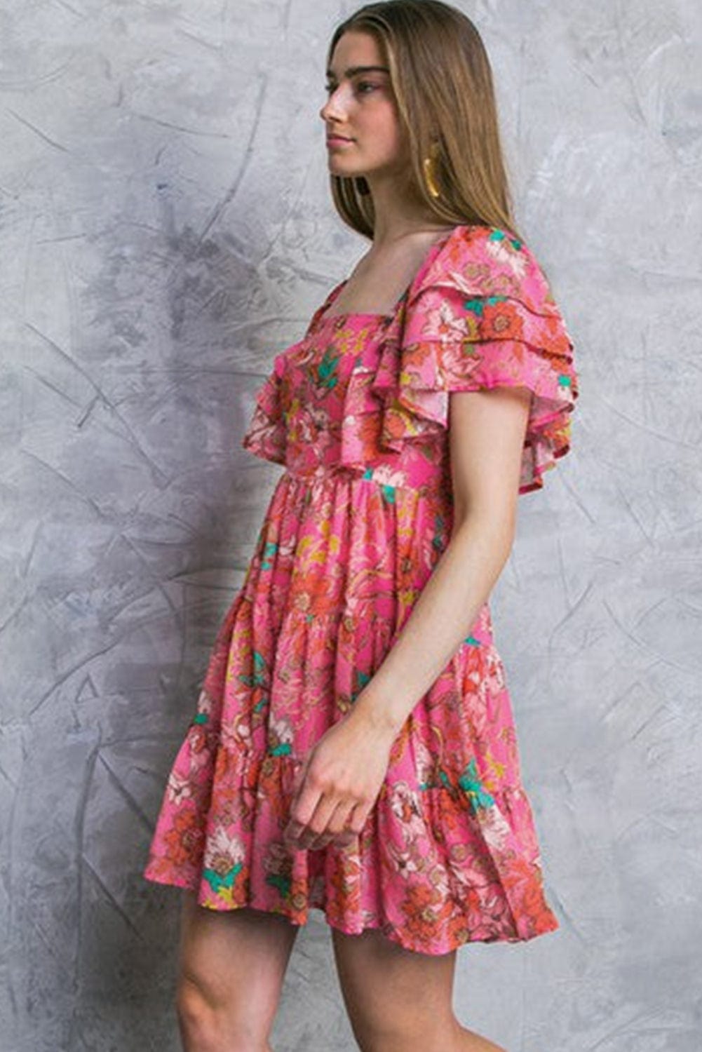 Pink Blossom Square Neck Ruffle Sleeve Flounce Hem Dress