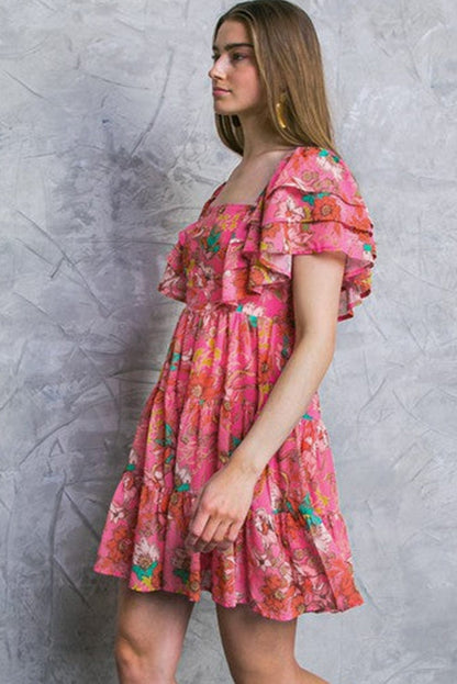 Pink Blossom Square Neck Ruffle Sleeve Flounce Hem Dress