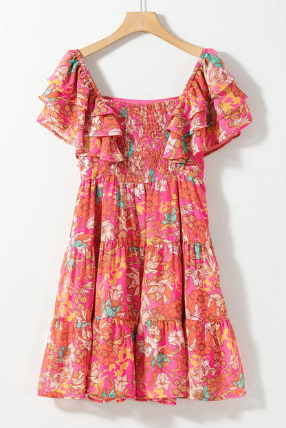 Pink Blossom Square Neck Ruffle Sleeve Flounce Hem Dress