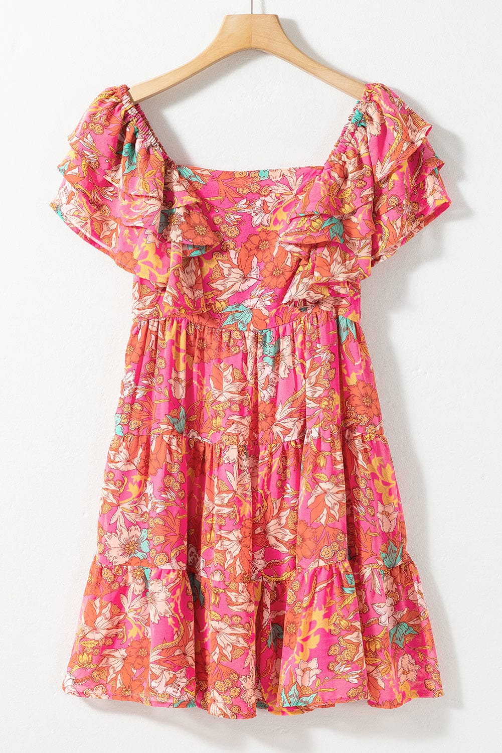 Pink Blossom Square Neck Ruffle Sleeve Flounce Hem Dress