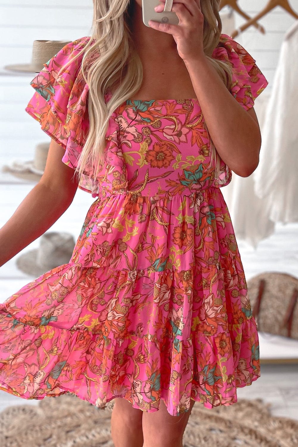 Pink Blossom Square Neck Ruffle Sleeve Flounce Hem Dress