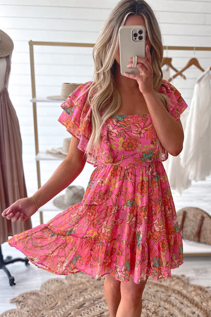 Pink Blossom Square Neck Ruffle Sleeve Flounce Hem Dress