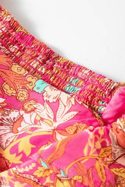 Pink Blossom Square Neck Ruffle Sleeve Flounce Hem Dress