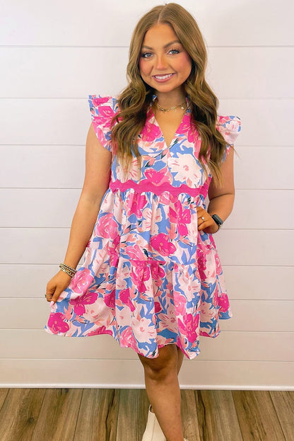 Pink Blossom V-Neck Ric Rac Flutter Dress