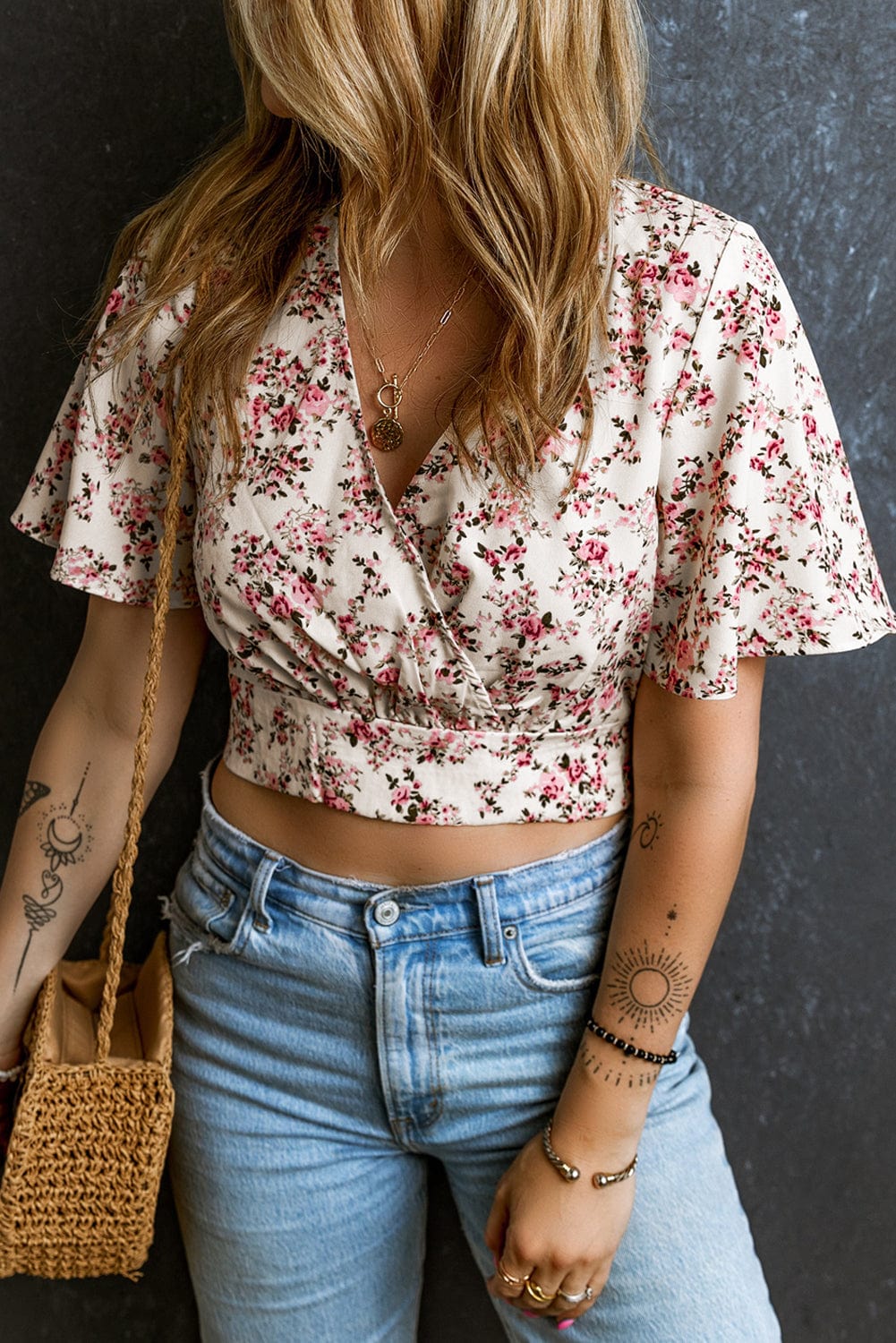 Pink Blossom V Neck Wrap Crop Top
