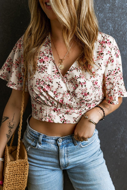 Pink Blossom V Neck Wrap Crop Top