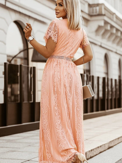 Pink Blue Lace Overlay V-Neck Maxi Dress with Crochet Waistband