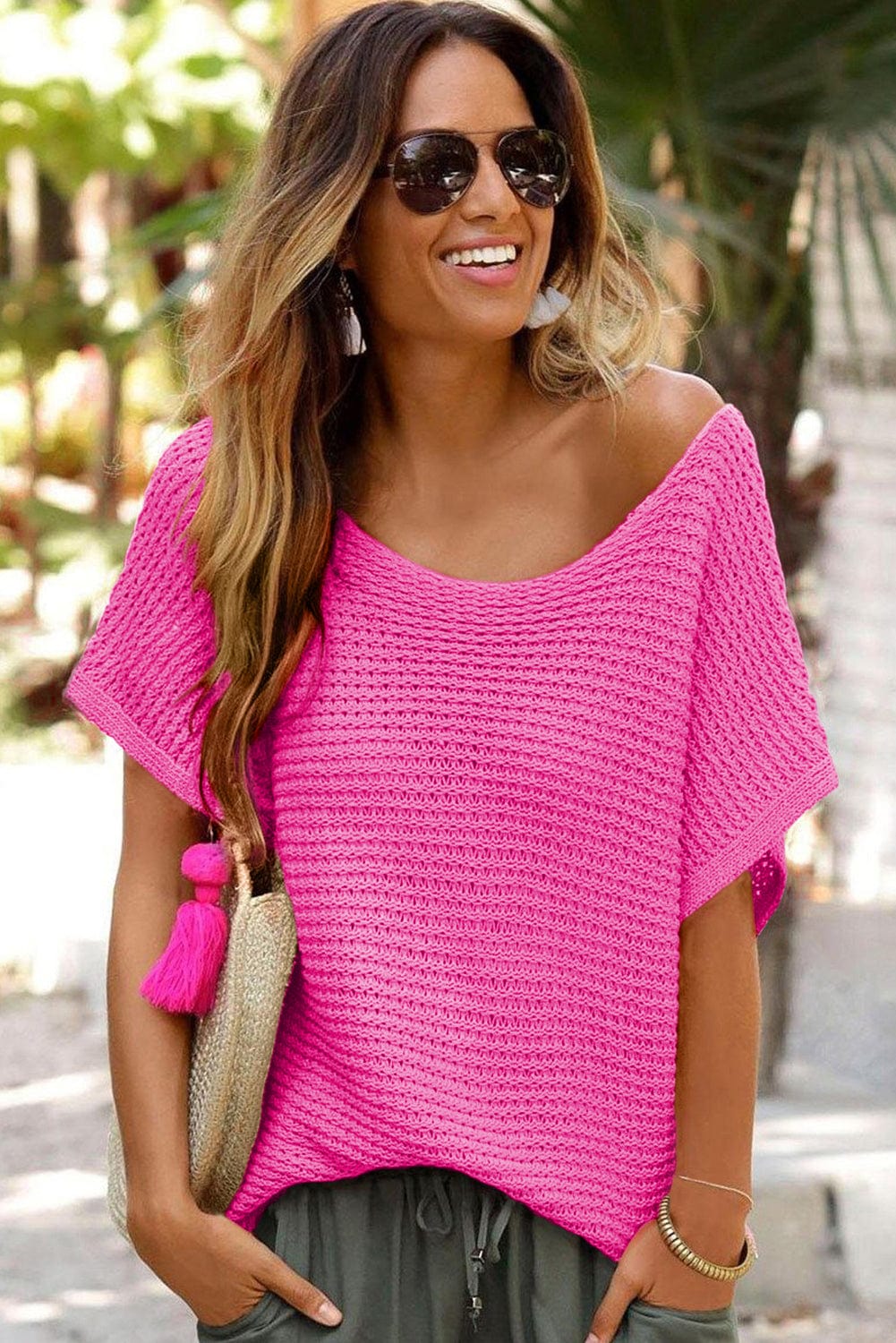 Pink Boat Neck Loose Knit Dolman Sleeve Sweater
