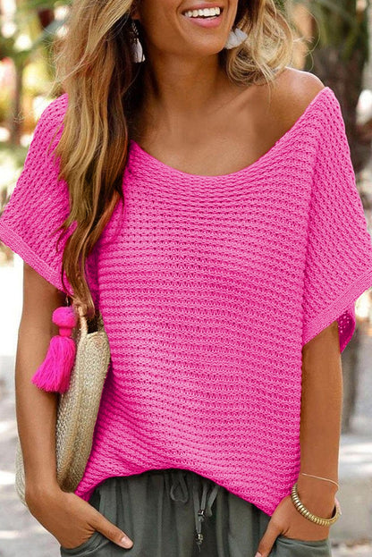 Pink Boat Neck Loose Knit Dolman Sleeve Sweater