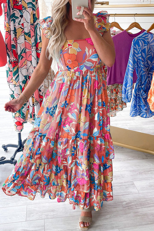 Pink Bohemian Floral Maxi Dress with Ruffled Shoulder Strap