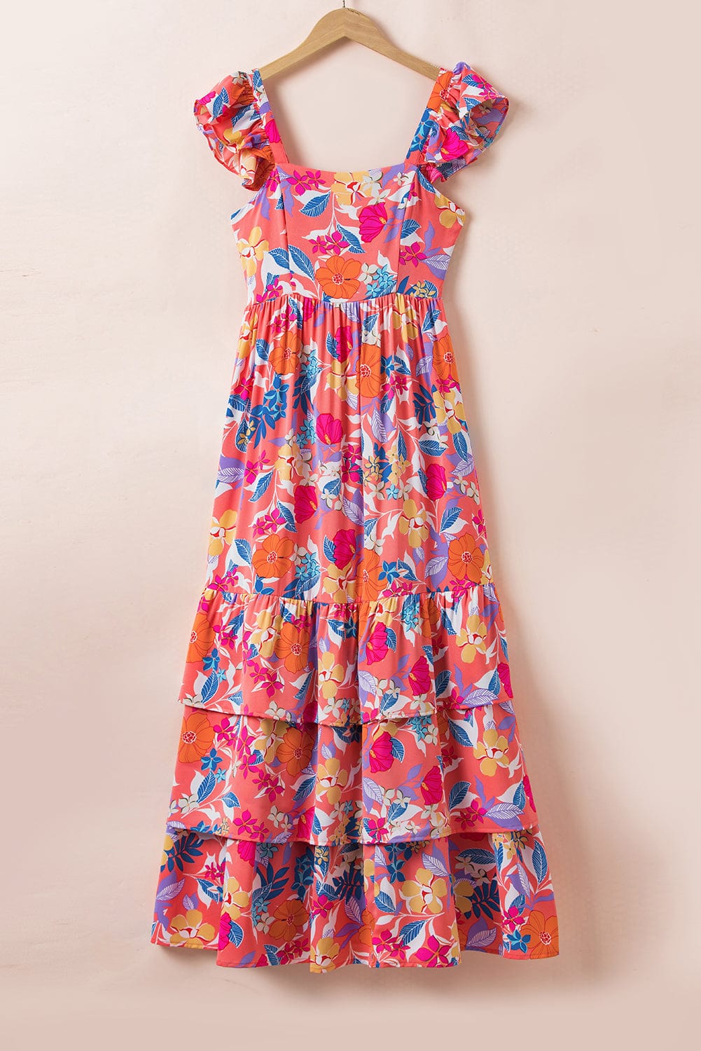 Pink Bohemian Floral Maxi Dress with Ruffled Shoulder Strap