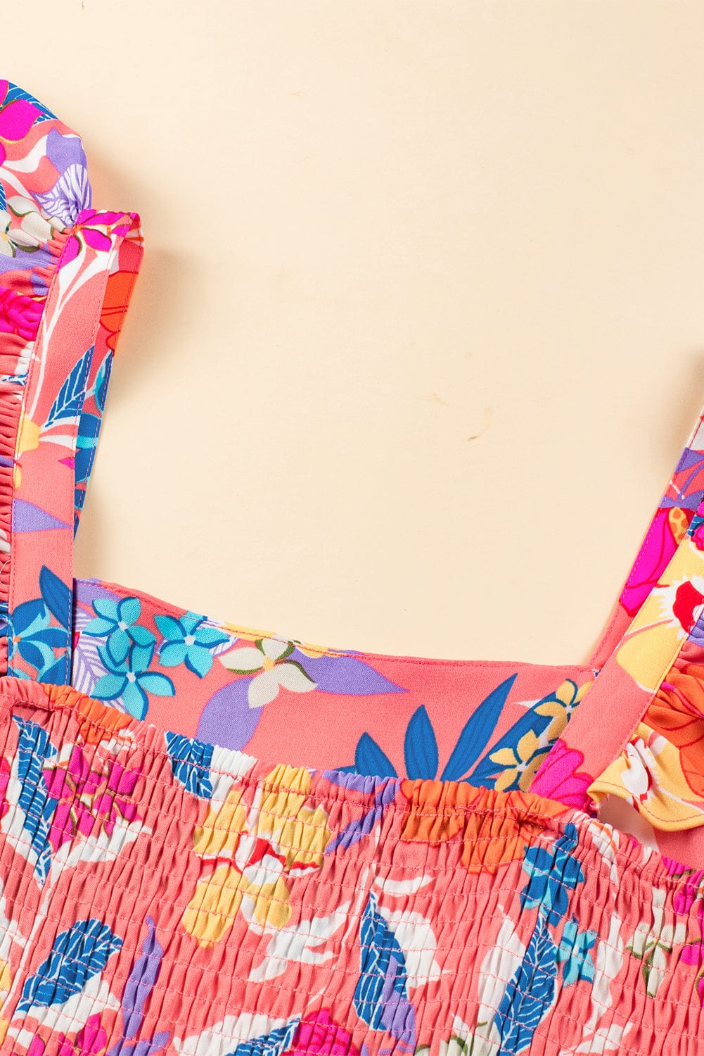 Pink Bohemian Floral Maxi Dress with Ruffled Shoulder Strap