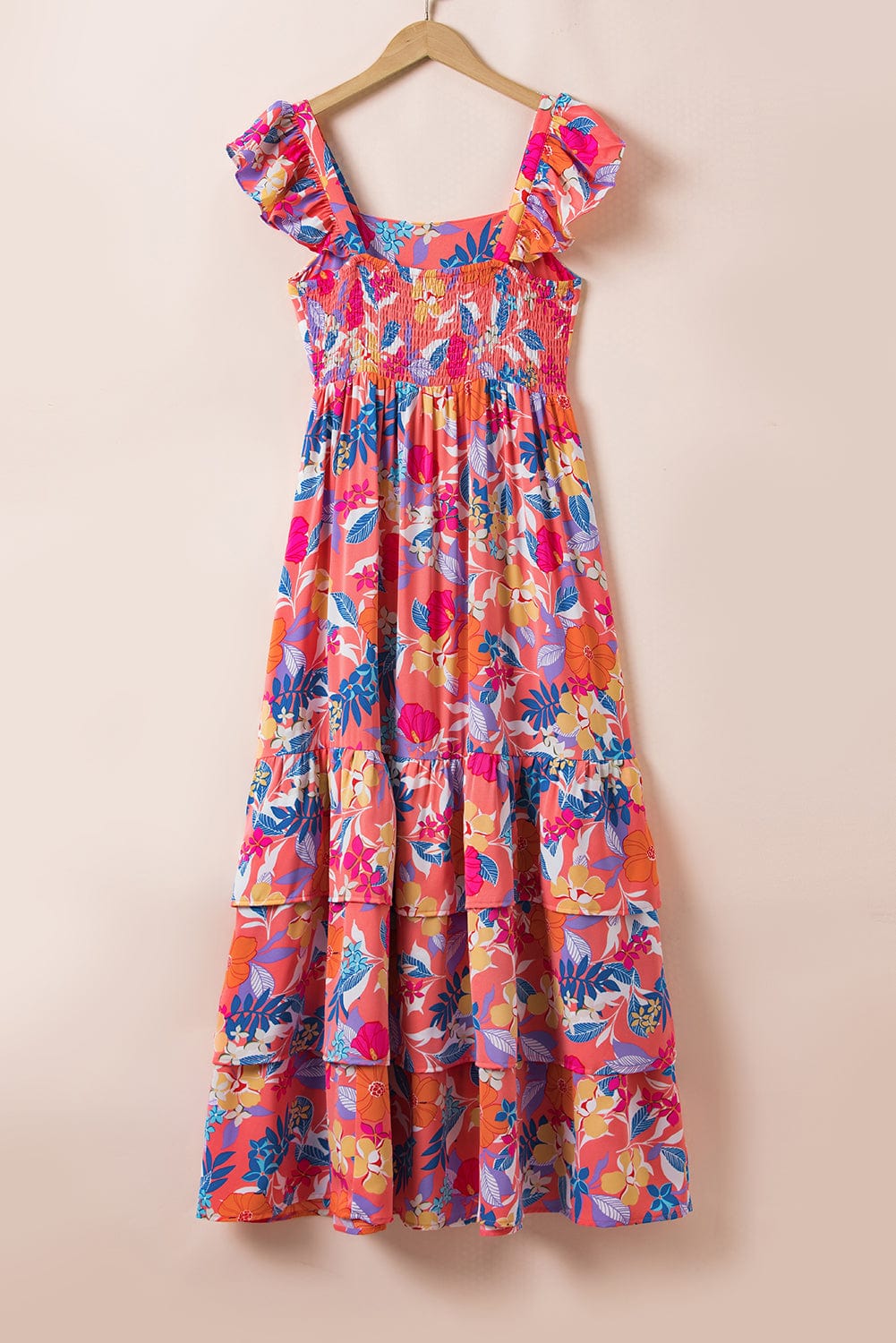 Pink Bohemian Floral Maxi Dress with Ruffled Shoulder Strap