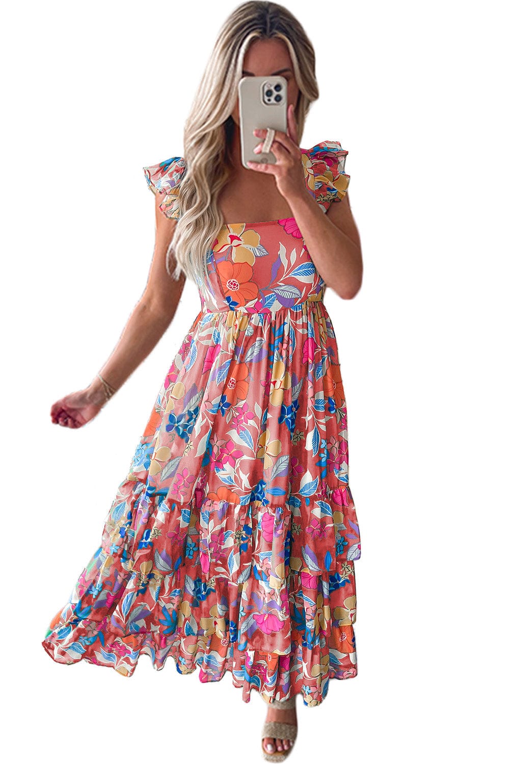 Pink Bohemian Floral Maxi Dress with Ruffled Shoulder Strap