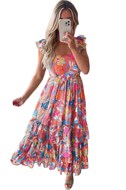 Pink Bohemian Floral Maxi Dress with Ruffled Shoulder Strap