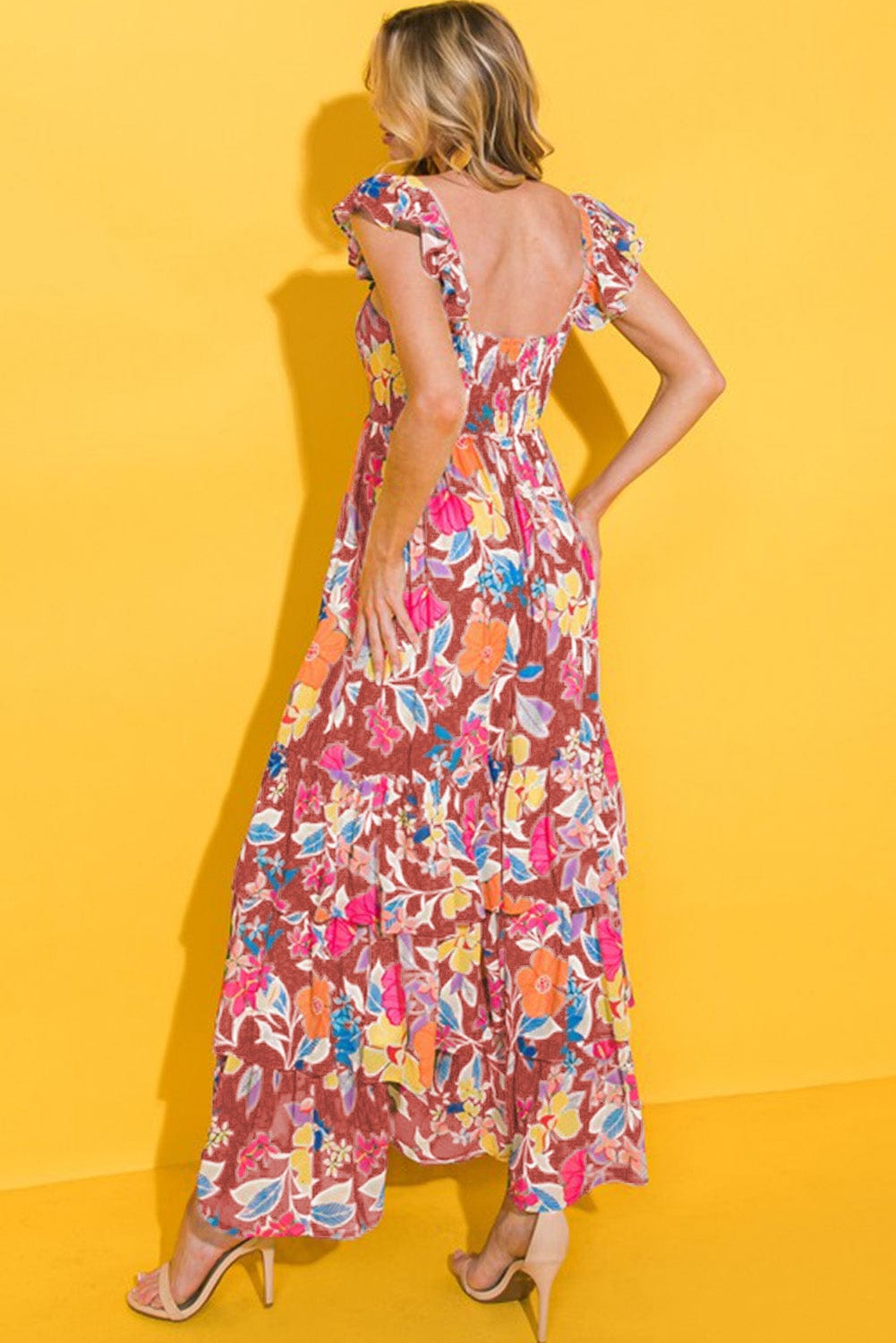 Pink Bohemian Floral Maxi Dress with Ruffled Shoulder Strap