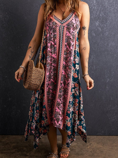 Pink Bohemian Floral Patchwork Print Maxi Dress