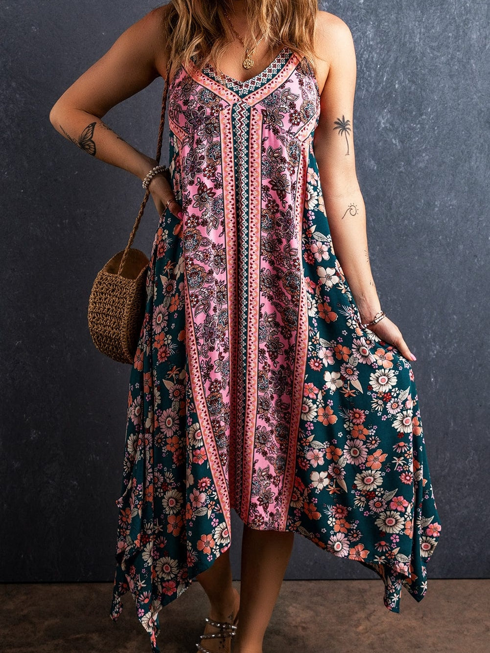 Pink Bohemian Floral Patchwork Print Maxi Dress