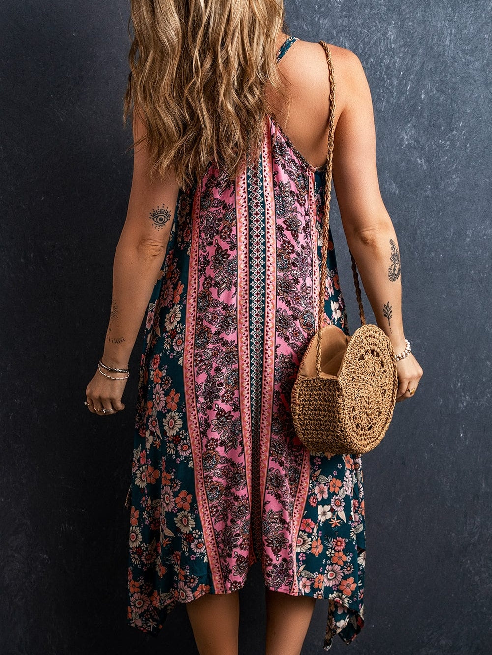 Pink Bohemian Floral Patchwork Print Maxi Dress