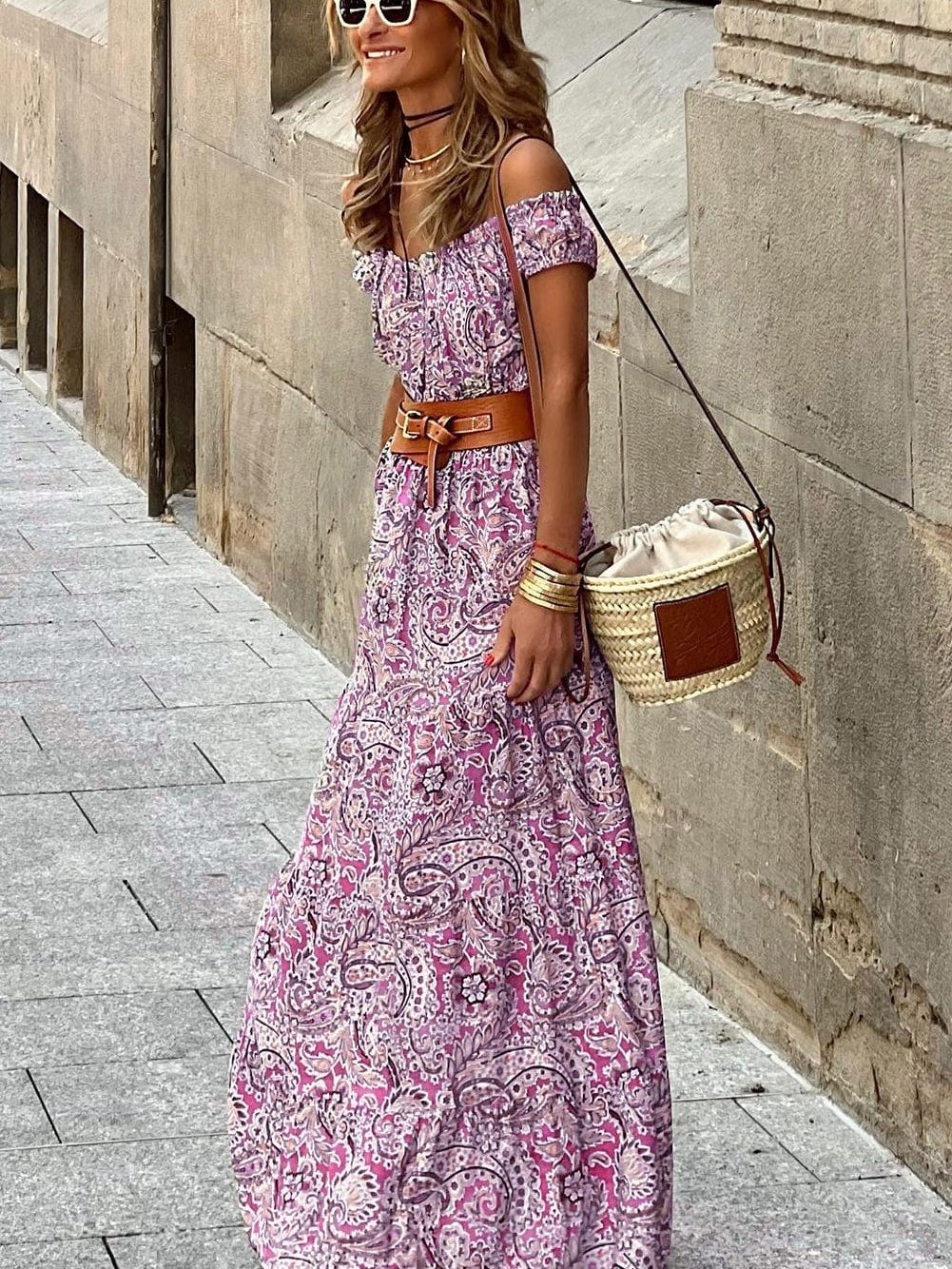 Pink Bohemian Paisley Print Off Shoulder Maxi Dress - Elegant Vacation Attire