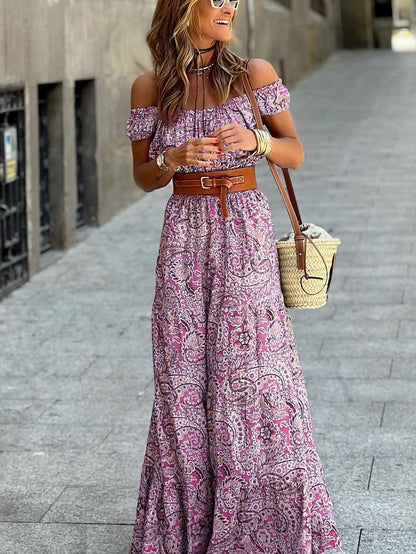 Pink Bohemian Paisley Print Off Shoulder Maxi Dress - Elegant Vacation Attire