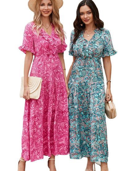 Pink Bohemian Paisley Print Ruffle Maxi Dress for Summer Vacations